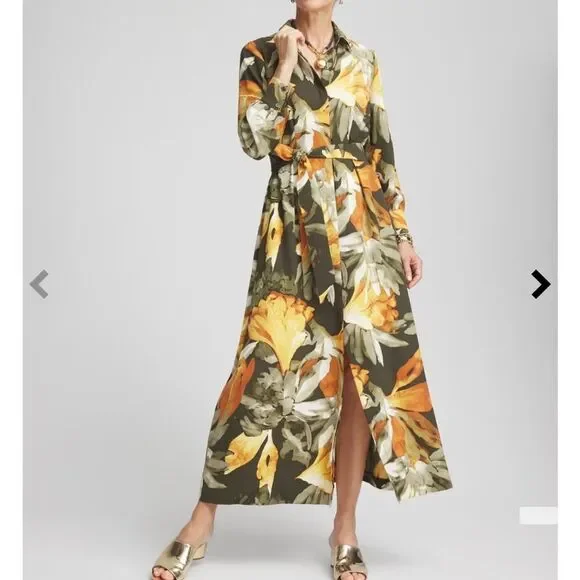 Chicos Belted Fall Floral Print Maxi Dress Long Sleeve Button Up Flowy Collared - Picture 5 of 9